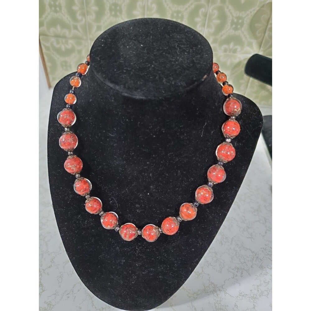 Vintage Venetian Murano Art Glass Bead Necklace Peach Aventurine Beads